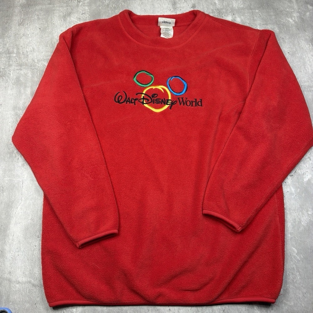 Walt Disney World Adult Large Red Fleece Sweatshirt Embroidered Logo Vintage USA